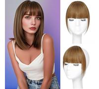 Frangia di capelli umani naturali, con basette, invisibile, con clip, per volume e styling istantanei, versatile, perfetta per fissare l'attaccatura dei capelli (castano chiaro pulito, 12 g)