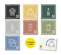Frank Paperman 7 adesivi per raccolta differenziata dei rifiuti (6 × 6 cm), resistenti alle intemperie e ai raggi UV, autoadesivi, bilingue DE/EN, con guida per il riciclaggio del codice QR