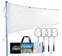 Franklin Sports 52633X, Set Badminton, 4 Racchette in Alluminio, 2 Birdie, Rete Regolabile e paletti, per Giardino o Spiaggia, Facile Montaggio, Professionale Unisex-Adult, Bianco e Nero, Misura Unica
