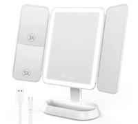 FRANO Specchio cosmetico con luci, ricaricabile e illuminato, con ingrandimento 1X/3X/5X, Smart Touch, dimmerabile, 3 colori, portatile, a tre pieghe, per viaggi, regalo per donne e ragazze