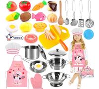 Frasheng 30 Pezzi Giocattoli da Cucina per Bambini, Cucina Pentole Giocattolo per Bambini Set di Pentole e Padelle in Acciaio Inossidabile, Utensili da Cucina, Grembiule e Cappello da Cuoco