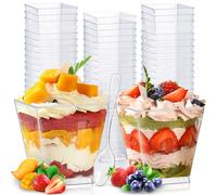 Frasheng 60 Pezzi 60ml/2oz Tazze Bicchieri da Dessert con 60 Cucchiai Plastica, Coppette da Dessert, Set di Bicchieri da Dessert Quadrati, Riutilizzabili per Budini, Gelati, Mousse, Buffet, Festa