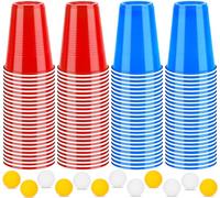 Frasheng Beer Pong, Coppe riutilizzabili, 100 Beer Pong(50 Rosse e 50 Blu) + 12 Palline, 16oz/450ml, Bicchiere di Plastica con Pallina da Ping Pong, Party Cups Gioco alcolico per Adulti Festa