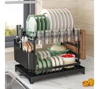 Frasheng Scolapiatti Nero,Colapiatti 2 Ripiani,in Acciaio Inox,Scolapiatti Compatto,Scolapiatti da Appoggio per lavello,con Porta Utensili,Portabicchieri,Supporto per Taglieree Vassoio Antigoccia