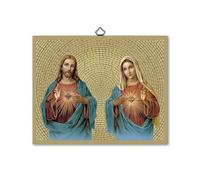 Fratelli Bonella | Quadro Sacro raffigurante il Sacro Cuore di Gesù e il Cuore Immacolato di Maria su legno MDF di pioppo 8mm con Mosaico in lamina dorata formato 18x24 cm | Made in Italy