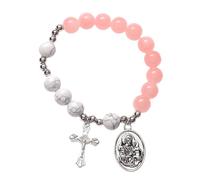 FRCOLOR Bracciale con Perle e Croce in Vetro Rosa e Bianco Rosario Religioso da Donna Resistente e Lucente Regalo per Occasione Speciale