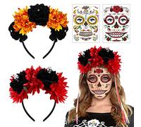 FRCOLOR Cerchietto con fiori, delle rose morte, cerchietto con fiori messicani, corone con 2 pezzi di Halloween temporanee per il viso di Halloween (rosso e arancione)