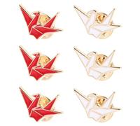 FRCOLOR Spille a Forma di Gru Origami in Lega, Set da 6 Pezzi (3 Rosse, 3 Bianche), Spilla da Bavero Leggera e Resistente per Vestiti e Borse, Accessorio Moda Versatile per Donne e Eventi