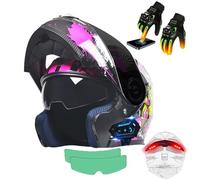 Frcychri Caschi Moto Flip Up Modulari Bluetooth, Omologato ECE Doppia Visiera, Guanti Riscaldati Touchscreen, Adesivo Antiappannamento, Fanale Posteriore LED, Leggeri, Uomo Donna Scooter F,Large