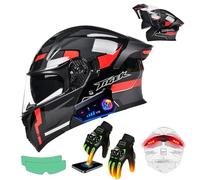 Frcychri Caschi Moto Flip Up Modulari Bluetooth, Omologato ECE Doppia Visiera, Guanti Riscaldati Touchscreen, Adesivo Antiappannamento, con Posteriore LED, Leggeri, Uomo Donna Mototurismo K,2X-Large