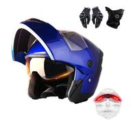 Frcychri Caschi Moto Modulari, Casco Moto Flip Up, Caschi Moto Integrali con Fanale Posteriore, Guanti Mascherina, Omologati ECE Doppia Visiera Antiappannamento, per Adulti Uomini Donne E,Medium