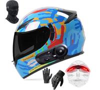 Frcychri Casco Integrale Moto Bluetooth con Fanale Posteriore, Caschi Moto Scooter Racing Uomo, Omologati ECE Doppia Visiera Antiappannamento, Guanti E Mascherina, per Donna Uomo Q,X-Large