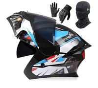 Frcychri Casco Modulare Moto, Casco Integrato Apribile, Guanti E Mascherina, Omologato DOT/ECE con Integrale Doppia Visiera Anti Nebbia, Casco Moto Leggero per Donna Uomo Uso Urbano B,Small