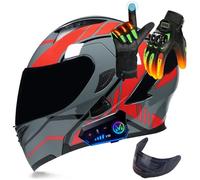 Frcychri Casco Moto Modulare, Casco Integrale Flip Up con Bluetooth, Omologato ECER22-06 Doppia Visiera Anti Nebbia, Guanti con Funzione Tactile Caldi, Leggero per Donna Uomo Scooter L,Medium