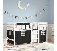 Frdhee Letto matrimoniale grande formato, letto a soppalco con tende bianche e nere, 90 x 190 cm, in legno di pino per piccoli spazi, camere degli ospiti e camera da letto