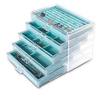 Frebeauty Contenitore per gioielli in acrilico extra large per donne a 5 strati trasparente organizer per gioielli in velluto con 5 cassetti anelli espositore per collane vassoio per donne(turchese)