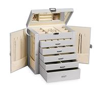 Frebeauty Grande portagioie a 6 ripiani, in pelle PU, multifunzione, con specchio, porta accessori con 5 cassetti per collane, bracciali, orologi (grigio)