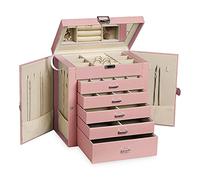 Frebeauty Grande portagioie a 6 ripiani, in pelle PU, multifunzione, con specchio, porta accessori con 5 cassetti per collane, bracciali, orologi (rosa)
