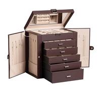 Frebeauty Grande portagioie a 6 ripiani, in pelle PU, multifunzione, con specchio, porta accessori con 5 cassetti, per collane, bracciali, orologi (marrone scuro)