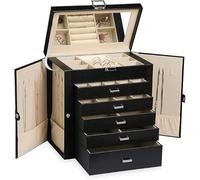 Frebeauty Grande portagioie a 6 ripiani, in pelle PU, multifunzione, con specchio, porta accessori con 5 cassetti per collane, bracciali, orologi (nero)
