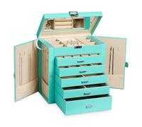 Frebeauty Grande portagioie a 6 ripiani, in pelle PU, organizer per gioielli con serratura, multifunzione, con specchio, porta accessori con 5 cassetti per orecchini, collane, bracciali, orologi