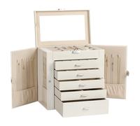 Frebeauty Grande portagioie a 6 ripiani, in pelle PU, organizer per gioielli con serratura, multifunzione, con specchio, porta accessori con 5 cassetti per collane, bracciali, orologi (bianco perlato)