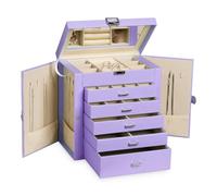 Frebeauty Grande portagioie in pelle PU a 6 ripiani con serratura, custodia con specchio, porta accessori con 5 cassetti per orecchini, collane, bracciali, orologi e occhiali da sole per donne (viola)