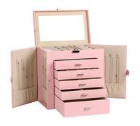 Frebeauty Grande portagioie, organizer per gioielli in pelle PU a 6 livelli, custodia multifunzionale con specchio, porta accessori con 5 cassetti per collane, bracciali, orologi (rosa)