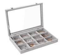 Frebeauty Jewelry Vassoio 12 Griglia Velluto Jewelry Organizer Scatola di Immagazzinaggio Coperchio Chiaro Cassetto Portagioielli Caso con Chiusura Pendente Bracciali Collana Donne (Grigio, 12Griglia)