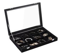 Frebeauty Jewelry Vassoio 12 Griglia Velluto Jewelry Organizer Scatola di Immagazzinaggio Coperchio Chiaro Cassetto Portagioielli Caso con Chiusura Pendente Bracciali Collana Donne (Nero, 12Griglia)