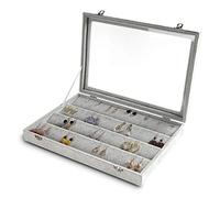 Frebeauty Orecchino Organizzatore Vassoio Chiaro 64 Slots Velluto Cassetto Inserto Orecchino Scatola di Immagazzinaggio con Coperchio di Vetro Trasparente Gioielli Regali per Donne (Grigio, Orecchini)