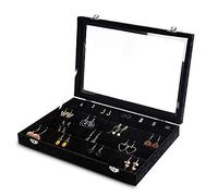 Frebeauty Orecchino Organizzatore Vassoio Chiaro 64 Slots Velluto Cassetto Inserto Orecchino Scatola di Immagazzinaggio con Coperchio di Vetro Trasparente Gioielli Regali per Donne (Nero, Orecchini)