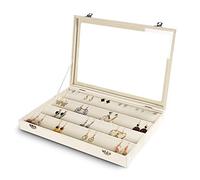 Frebeauty Orecchino Organizzatore Vassoio Chiaro 64 Slots Velluto Cassetto Inserto Orecchino Scatola di Immagazzinaggio con Coperchio di Vetro Trasparente Gioielli Regali per Donne (Beige, Orecchini)