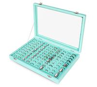 Frebeauty Organizer per Anelli Con 100 Scomparti, Coperchio Trasparente in Velluto, Vassoio per Gioielli, per Donne e Ragazze (Turchese)