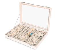 Frebeauty Organizer per Anelli Con 100 Scomparti, Coperchio Trasparente in Velluto, Vassoio per Gioielli, per Donne e Ragazze (Beige)