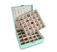 Frebeauty Organizer per orecchini, 50 scomparti, portagioie a 2 strati, con 6 ganci per collane, organizer per gioielli in poliuretano, portagioie da donna (turchese)