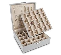 Frebeauty Organizer per orecchini, 50 scomparti, portagioie a 2 strati, con 6 ganci per collane, organizer per gioielli in poliuretano, portagioie da donna (grigio)