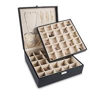 Frebeauty Organizer per orecchini, 50 scomparti, portagioie a 2 strati, con 6 ganci per collane, organizer per gioielli in poliuretano, portagioie da donna (nero)