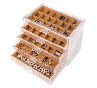 Frebeauty Organizzatore di gioielli in acrilico, scatola organizer per orecchini con 5 cassetti Portagioie trasparente con vassoi in velluto per donne, borchie e bracciali (cachi)