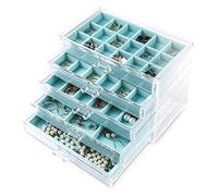 Frebeauty Organizzatore di gioielli in acrilico, scatola organizer per orecchini con 5 cassetti Portagioie trasparente con vassoi in velluto per donna, borchie e bracciali (turchese)
