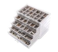 Frebeauty Organizzatore di gioielli in acrilico, scatola organizer per orecchini con 5 cassetti Portagioie trasparente con vassoi in velluto per donna, borchie e bracciali (grigio)