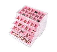 Frebeauty Organizzatore di gioielli in acrilico, scatola organizer per orecchini con 5 cassetti Portagioie trasparente con vassoi in velluto per donna, borchie e bracciali (rosa)