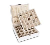 Frebeauty - Portagioie classico con 50 scomparti a doppio strato, con 6 ganci per collana e tasca per braccialetto, colore: Bianco