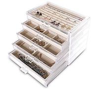 Frebeauty Portagioie extra large in acrilico per donna a 5 strati trasparente organizer per gioielli in velluto con 5 cassetti, anelli, espositore per collane, vassoio per donne e ragazze (Beige)