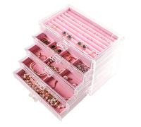 Frebeauty Portagioie extra large in acrilico per donna a 5 strati trasparente organizer per gioielli in velluto con 5 cassetti, anelli, espositore per collane, vassoio per donne e ragazze (Rosa)