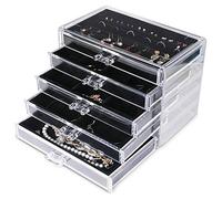 Frebeauty Portagioie extra large in acrilico per donna a 5 strati trasparente organizer per gioielli in velluto con 5 cassetti, anelli, espositore per collane, vassoio per donne e ragazze (Nero)