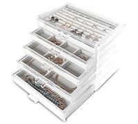 Frebeauty Portagioie extra large in acrilico per donna a 5 strati trasparente organizer per gioielli in velluto con 5 cassetti, anelli, espositore per collane, vassoio per donne e ragazze (bianco)
