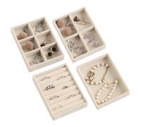 Frebeauty Set di piccoli vassoi per gioielli, impilabili, in velluto, organizer per cassetti, 12 x 9 x 2 cm, organizer per orecchini per donne e ragazze (set da 4, beige)