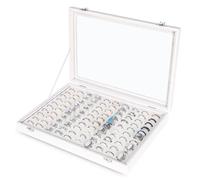 Frebeauty Vassoio organizer per anelli con 100 scomparti, con coperchio trasparente, in velluto, vassoio per gioielli, espositore per anelli, per gioielli da donna, colore bianco