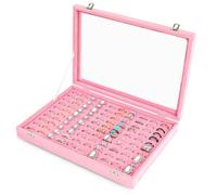 Frebeauty Vassoio organizer per anelli con 100 scomparti per anelli con coperchio trasparente in velluto, vassoio per anelli per gioielli e anelli per gioielli e anelli per donne e ragazze (rosa)